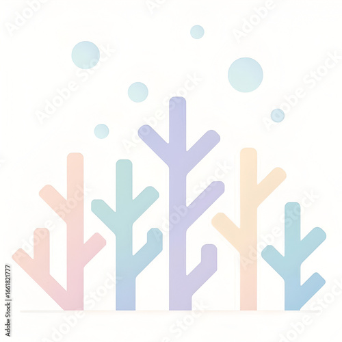 Minimal Pastel Abstract Scene with Branching Shapes and Floating Bubbles Modern Illustration