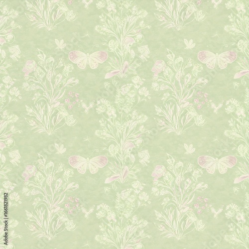 Wallpaper Mural Soft Green Floral Pattern with Butterflies. Torontodigital.ca