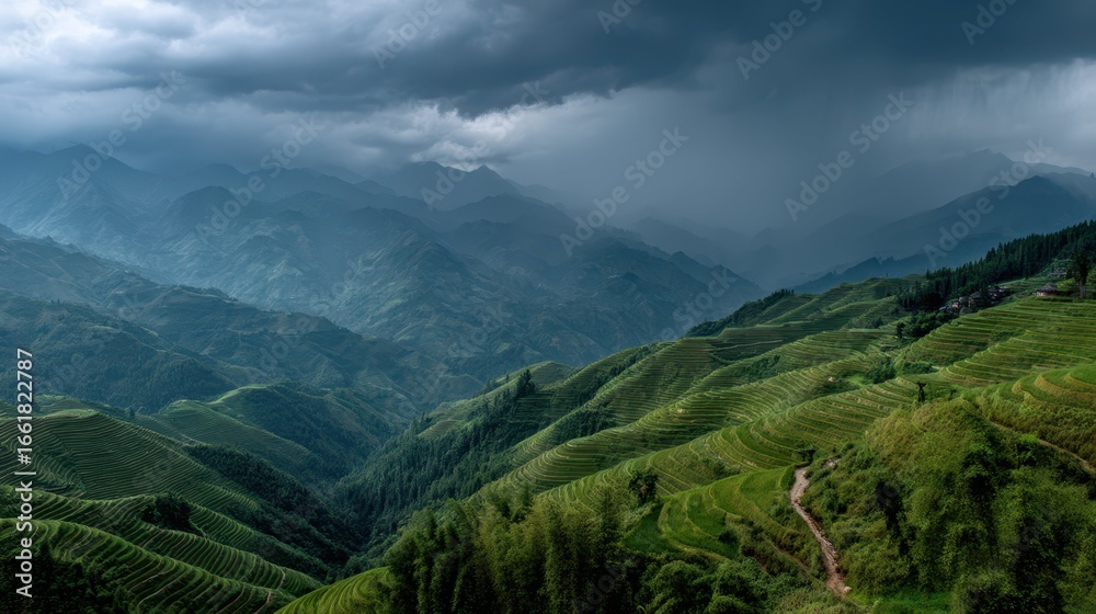 Naklejka premium Dramatic Monsoon Clouds Over Lush Rice Terraces in Mountain Landscape