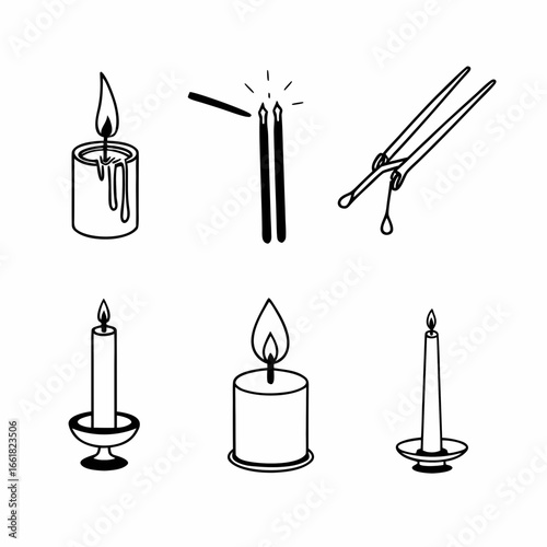 Candle line art illustration, including candle with flame, match, candle snuffer