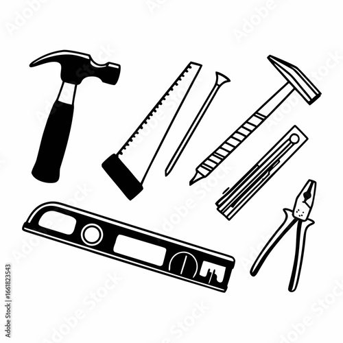 Illustration of carpentry tools including a hammer, saw, nail, level and plier