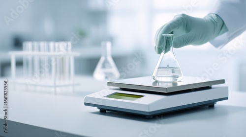 Laboratory Scientist Weighing Flask on Digital Scale
