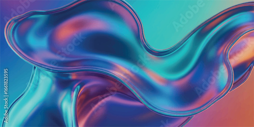 Abstract holographic fluid form with vibrant blue and purple gradient colors, smooth and shiny surface
