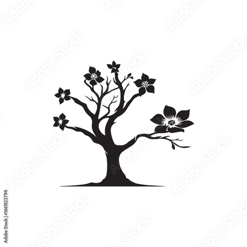 Dogwood Tree Silhouette Isolated on White Background.