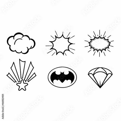 Hand drawn cloud and explosion icons for decoration, hero and skydiving