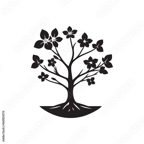 Dogwood Tree Silhouette Isolated on White Background.