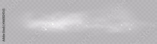 White glowing snow storm effect with swirling frost, misty haze and sparkling ice particles on transparent background. For winter and Christmas design.