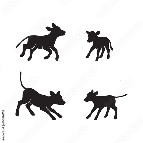 A group of cows and calves in playful poses in silhouette style on a white background
