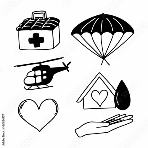 Collection of charity and support icons, representing help and safety
