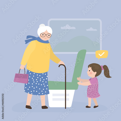 Polite little girl gives up her seat on public transport to an elderly woman. Funny child stands up so that old lady can sit down. Granddaughter and elderly lady in transport