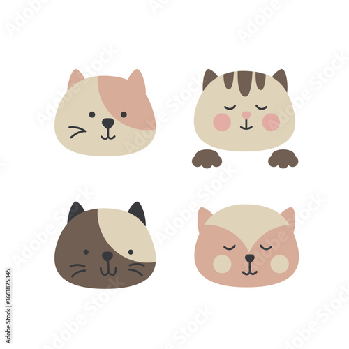 Cat pet head, domestic animal faces icon set. Fluffy kitten. Cute cartoon funny kitty characters isolated on white background.