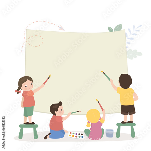 Group of preschoolers use brushes and paints to begin painting a giant picture or poster. Friends or classmates in drawing class, education, school lesson.