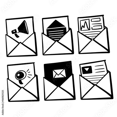 Illustration of email marketing concept with envelopes containing various symbols