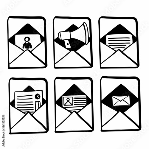 Hand drawn set of email and communication icons in envelopes