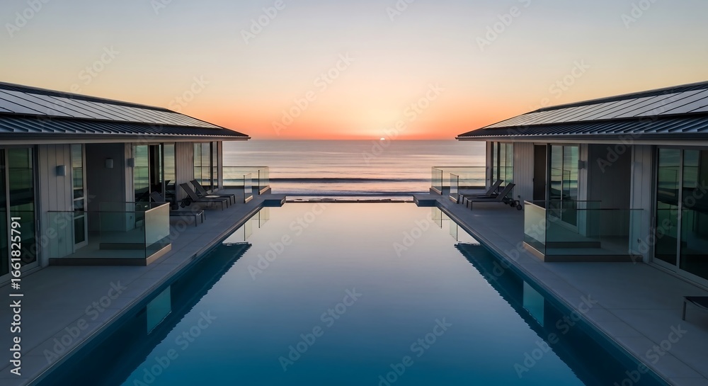 Fototapeta premium Luxury coastal minimalist house with rooftop solar panels and infinity pool, drone sunset shot for premium real estate and eco branding