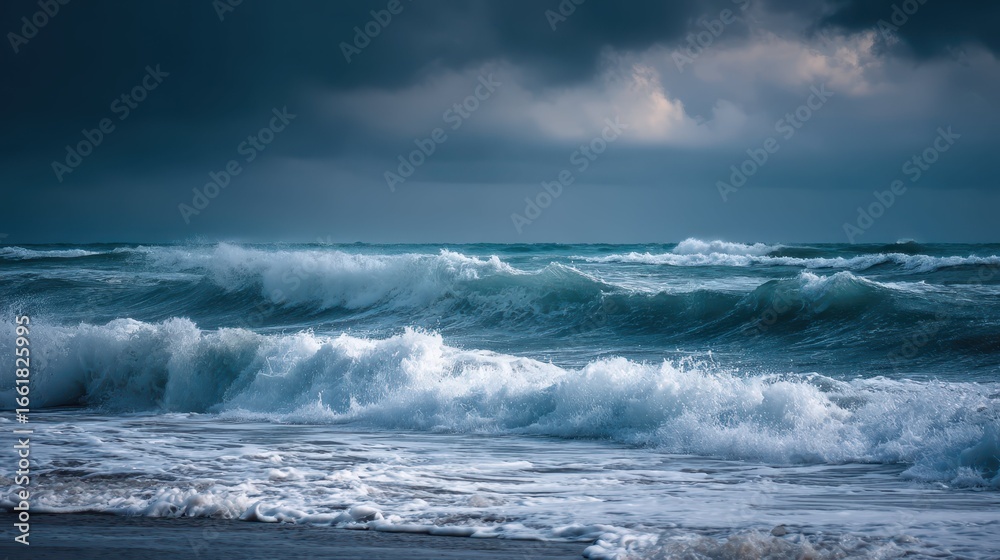 Fototapeta premium Stormy Ocean Waves Under Dark Sky with Rolling Clouds
