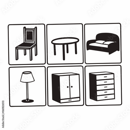 Hand drawn icons of chair, table, sofa, lamp, cabinet, and dresser