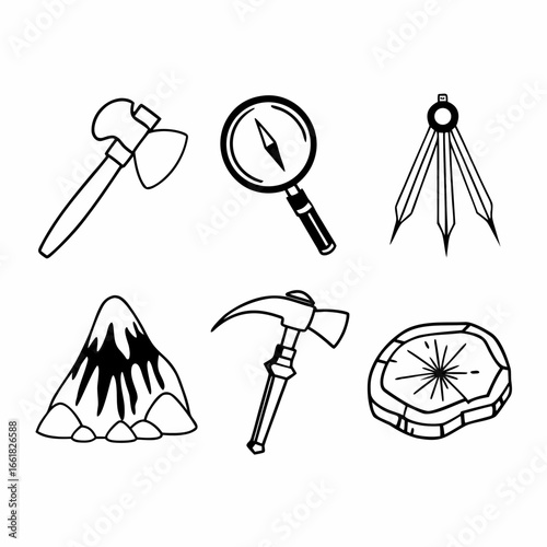 Geological exploration tools, including axe, magnifier, divider, and pickaxe