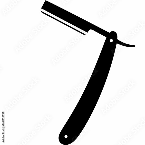 A black straight razor with handle on a white background
