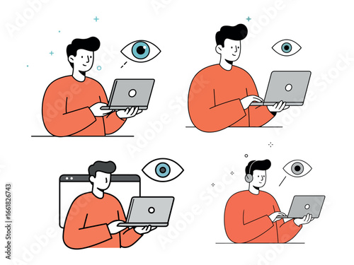 Flat vector illustration tester checking website accessibility with eye icon