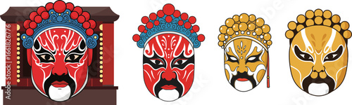 Colorful traditional Chinese opera masks in various designs and styles  