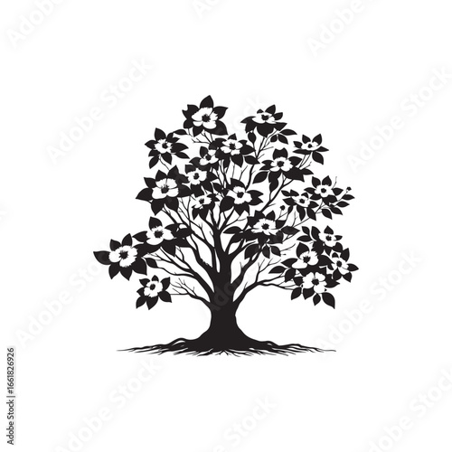 Dogwood Tree Silhouette Isolated on White Background.