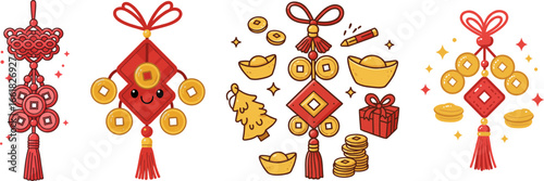 Chinese New Year decorations in red and gold with symbols of prosperity  
