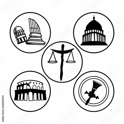 Law and justice symbols featuring scales, roman architecture, capitol building