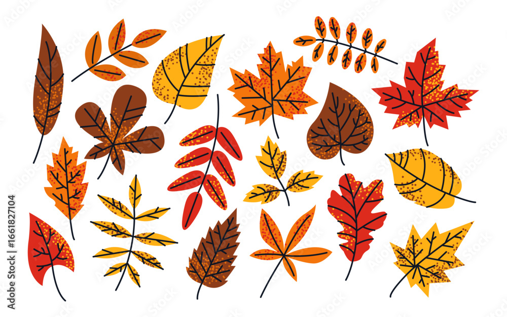 Obraz premium Autumn leaves. Seasonal foliage with texture in flat style. Fall nature.