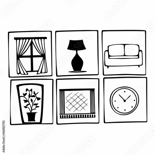 Collection of living room furniture and decor elements in doodle style