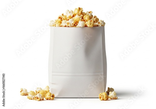 Freshly Popped Popcorn in a White Paper Bag Isolated on White Background