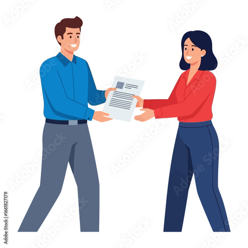 Document Exchange: Two figures exchange important documents, symbolizing collaboration and professional teamwork in a clean, modern style. 