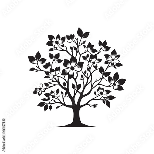 Dogwood Tree Silhouette Isolated on White Background.