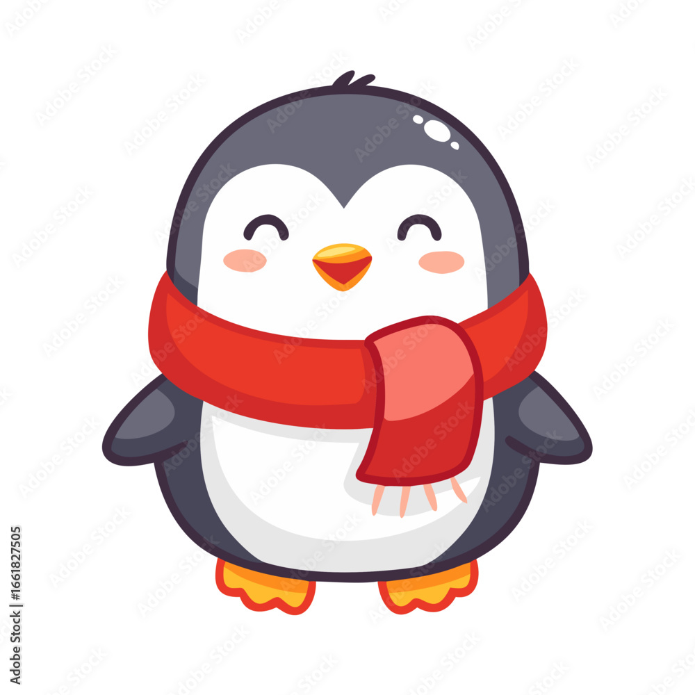 Naklejka premium Vector art of cute cartoon penguin wearing a red scarf