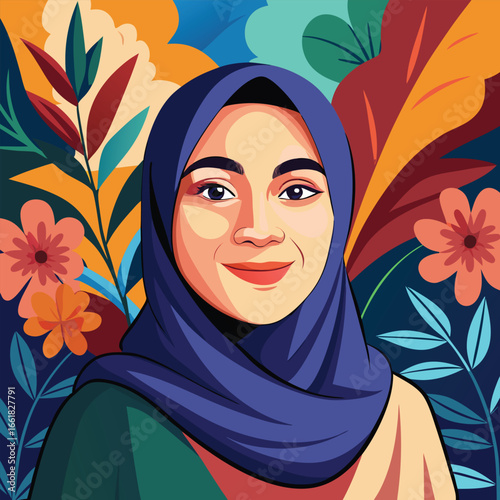 A cheerful, stylized portrait of a woman wearing a hijab.