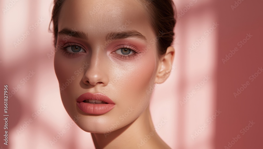 Fototapeta premium Woman wearing monochrome rose makeup with bold lipstick and soft blush