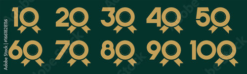 Set of collection numbers 10 to 100 with ribbon vector illustration. Ribbon with numbers 10, 20, 30, 40, 50, 60, 70, 80, 90, 100 for greetings, anniversary, discounts and more.