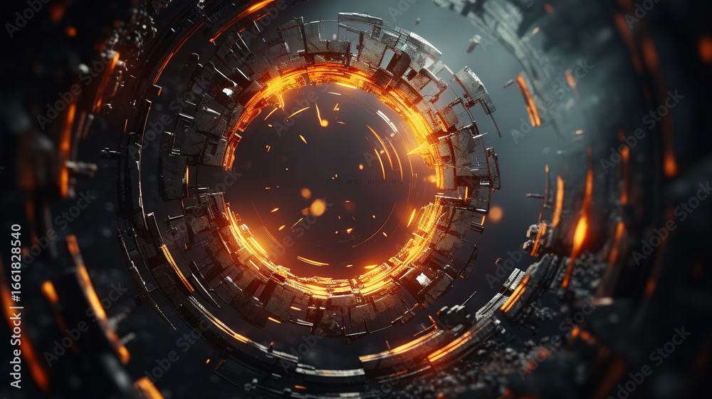 Obraz premium Exploding futuristic glass HUD interface with glowing orange core and shattered fragments in a dark sci-fi technology scene