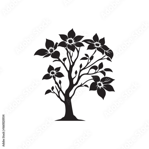 Dogwood Tree Silhouette Isolated on White Background.