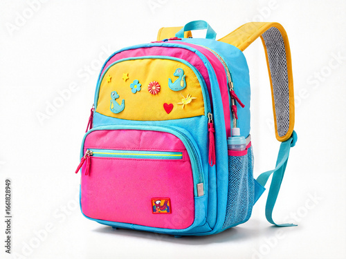 Colorful children's backpack with playful design and patches  