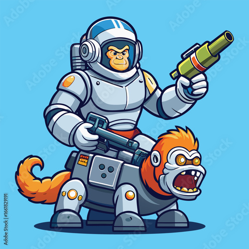 An astronaut hero sits on a mighty King Kong robot holding a massive gun in a sci-fi adventure