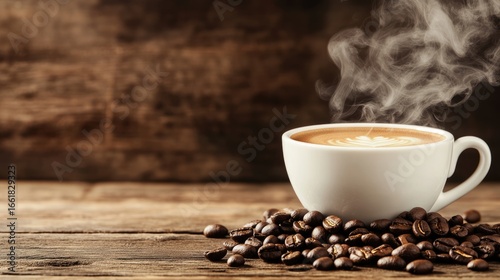 A steaming cup of coffee placed next to scattered coffee beans on a rustic wooden surface. The rich aroma and warmth invite a comforting moment of relaxation and pleasure.