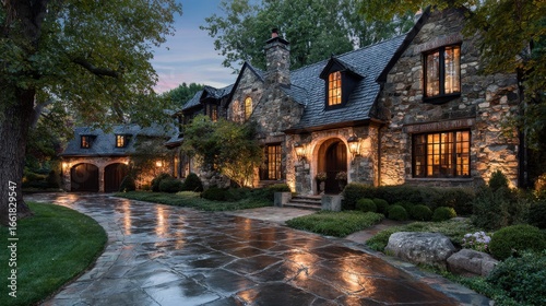 A large house with a driveway and a stone exterior. The house is lit up at night, creating a warm and inviting atmosphere
