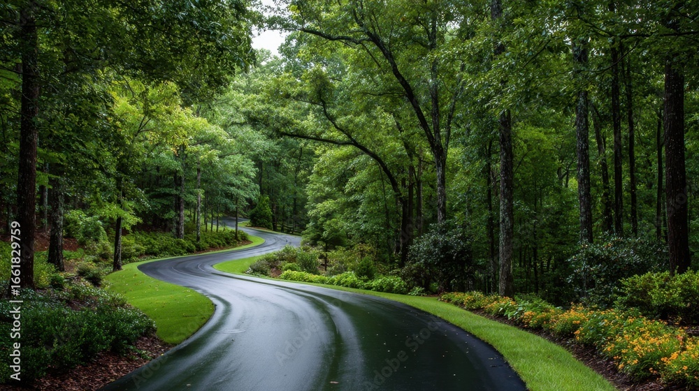 Obraz premium A winding road in a forest with trees on both sides. The road is wet and the trees are green