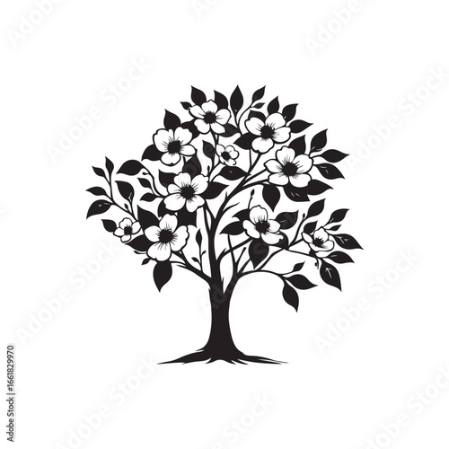 Dogwood Tree Silhouette Isolated on White Background.