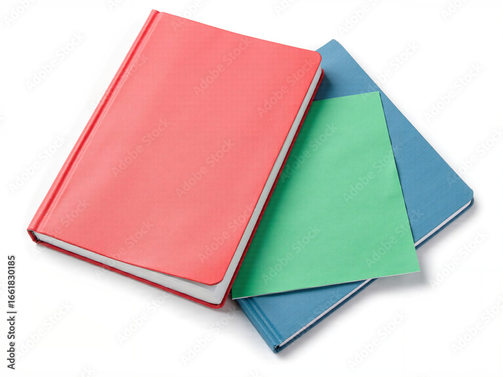Fototapeta premium Closeup of colorful notebooks in red, blue, and green on white background 