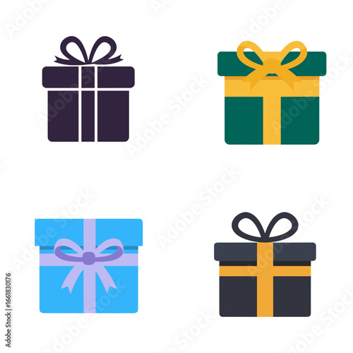 Set of icons of colorful gift boxes decorated with ribbons, side view