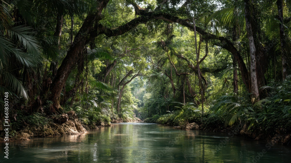 Obraz premium Lush Rainforest River Surrounded by Dense Jungle Canopy