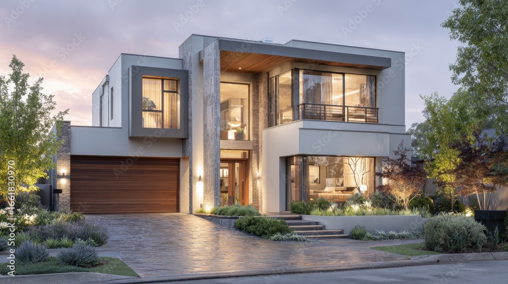 Obraz premium A large house with a garage and a driveway. The house is well lit and has a modern design