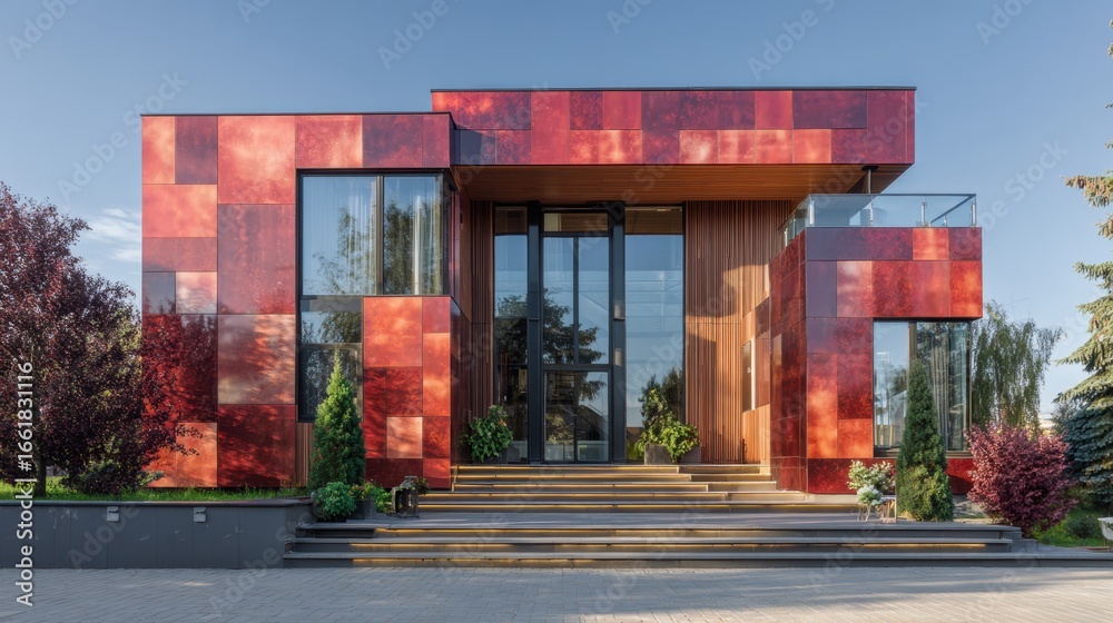 Obraz premium A red house with a large glass door and a balcony. The house is surrounded by trees and bushes